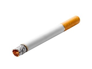 A studio shot captures the stark reality of a lit cigarette, with its burning ember and paper, isolated on a white background