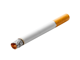 A studio shot captures the stark reality of a lit cigarette, with its burning ember and paper, isolated on a white background
