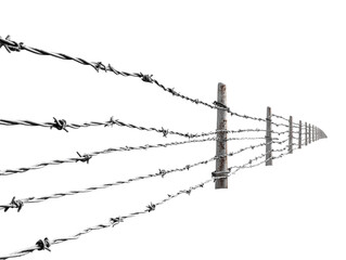 A stark perspective of a barbed wire fence stretches into the distance, conveying a sense of boundaries, security, and the limits of freedom. isolated on a white background