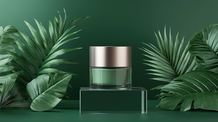 Sleek and elegant glass container of premium botanical skincare product surrounded by lush tropical leaves for a natural soothing and rejuvenating aesthetic