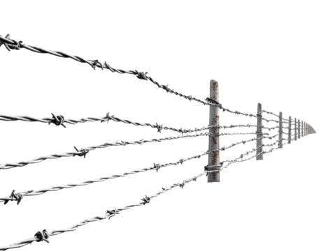 A stark perspective of a barbed wire fence stretches into the distance, conveying a sense of boundaries, security, and the limits of freedom. isolated on a white background