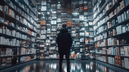 Man stands in awe amidst endless shelves in futuristic, reflective warehouse - Powered by Adobe