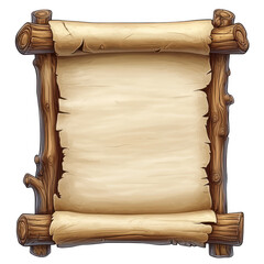 Wooden scroll frame parchment paper isolated on transparent background