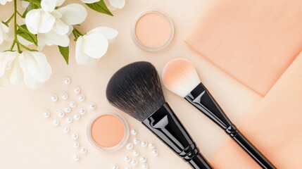 Soft delicate makeup brushes and cosmetic products including blush and powder palettes surrounded by beautiful white flowers for a serene feminine aesthetic
