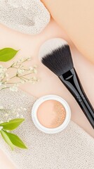 A tranquil and serene composition featuring natural makeup essentials including a makeup brush and organic powder surrounded by soothing botanical elements