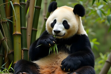 Obraz premium A serene giant panda peacefully enjoys a meal among lush bamboo stalks, exhibiting tranquility and natural beauty