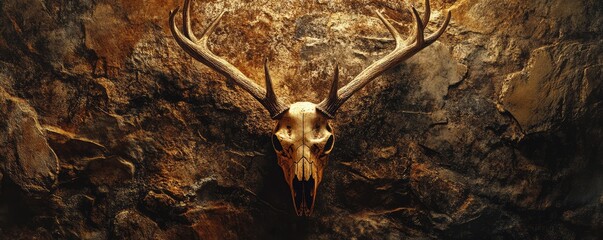 Mounted Deer Skull with Antlers on Rustic Stone Wall