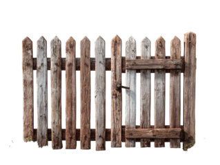 A weathered wooden fence with a charming gate, showcasing the beauty of aged wood, isolated on a white background