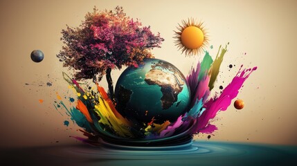 A surreal and imaginative depiction of our planet Earth surrounded by a flourishing colorful ecosystem teeming with life and potential for a harmonious sustainable future