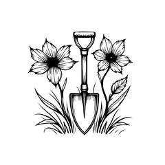 Floral shovel garden tool illustration design in vector drawing with elegant flowers and grass