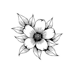 Elegant botanical illustration featuring a delicate flower with intricate details and graceful leaves in monochrome