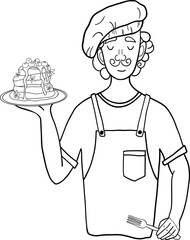 Baker man is holding plate of pancakes. Vector Hand drawn illustration. Isolated on white background.