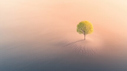 A lone tree standing in the misty atmospheric landscape creating a sense of tranquility and solitude