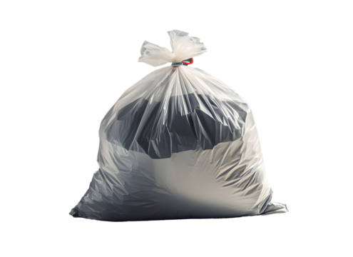 A filled garbage bag tied at the top, on a clean white background. The bag looks solid and contains indistinguishable items inside, creating a versatile image suitable for various scenarios. The photo
