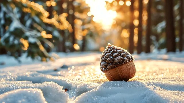 A close-up of a pine cone resting on snow in a sunlit forest, capturing winter's beauty