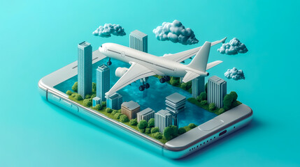 Fototapeta premium A toy airplane flies over a city on a smartphone screen