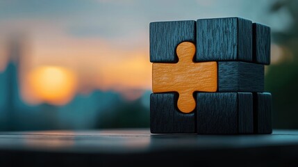 Wooden puzzle pieces arranged to form a symbolic cross shape set against a tranquil sunset scene with a warm reflective surface