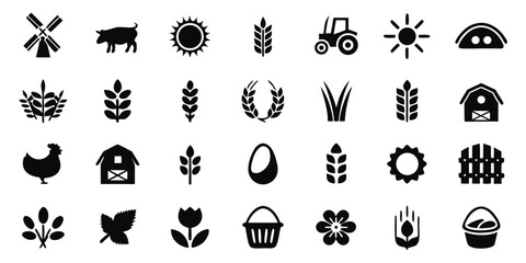 Various agriculture and farm icons are displayed isolated on white background