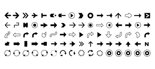 Large collection of 100 black vector arrows, modern cursor and simple icon set illustration

