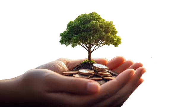 Caring for Finances and Investments: Hands holding a young tree growing from coins - Powered by Adobe
