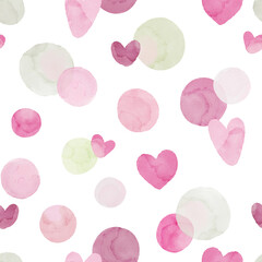 Watercolor seamless pattern with colored circles and pink hearts, delicate isolated illustration for fabric, textile or wallpapers. Hand drawn design print.