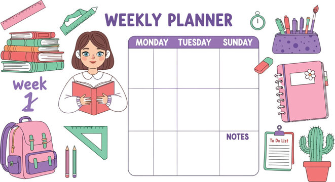 Weekly planner template for students and teachers organization and time management schedule for school work - Powered by Adobe