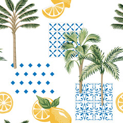 Palm tree, lemon fruit, Italian tile seamless pattern. Summer tropical print.