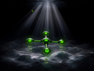 Glowing Render of a PFAS Molecule Illuminated in a Dark, Misty Environment With Beams of Light Highlighting Its Structure
