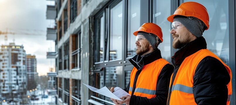 Engineers reviewing blueprints at construction site, wearing orange hard hats and discussing layout