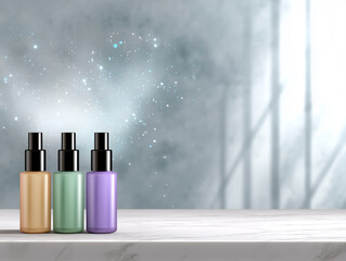 Open Cosmetic Bottles Displayed on a Countertop With a Soft, Dreamy Background Effect Showcasing Vibrant Hues of Glass