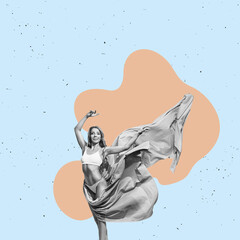 Art collage. Flat design Illustration. Perfect slim female body, isolated on free background.