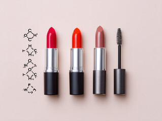 Display of Vibrant Lipstick Shades and Mascara on a Soft Pastel Background Showcasing Beauty Products