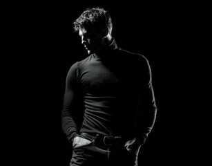 Monochromatic portrait of a man in a turtleneck sweater with hands in his pockets, looking downwards.