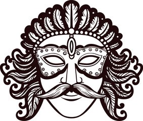 Intricate masquerade mask with feathered headdress and mustache ornate hand drawn  illustration