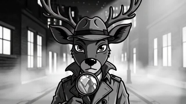 A deer detective in a vintage style, holding a magnifying glass, investigates a foggy city street at night.