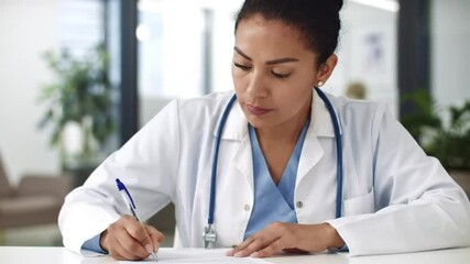 A female doctor in a white coat writing on a paper at a desk in a bright modern office space - Powered by Adobe