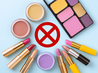 Exploration of Colorful Makeup Palettes and Lipsticks Surrounded by a Prohibition Symbol