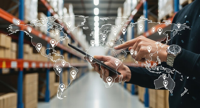 Man holding a digital tablet with a global map overlay and location pins in a warehouse, symbolizing global logistics, supply chain management, and e-commerce