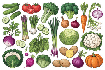 Assortment of fresh colorful vegetables including broccoli cauliflower carrots and onions