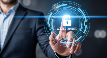 Man interacting with a holographic lock icon and "Access Granted" message, symbolizing cybersecurity, data protection, and secure digital access