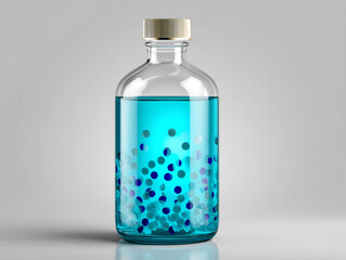 Transparent Plastic Bottle Containing Blue Liquid and Colorful Dots on a Light Gray Background