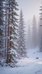 Fototapeta premium Ancient snowy firs, ethereal mist, magical winter scene, whimsical, enchanted