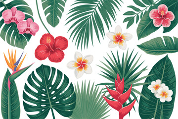 Vibrant tropical foliage and exotic flowers create a lush and colorful floral pattern