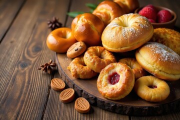 Assorted pastries, breads, and cookies on rustic wood , food, appetizing