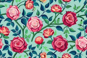Elegant Rose Flower Seamless Pattern with Pink and Red Blooms on Teal Background