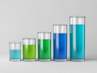 Sequence of Filled Glasses With Varying Shades of Blue and Green Liquids Demonstrating Volume Proportions on a Neutral Background