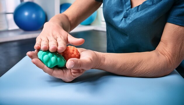 hand therapy with putty for grip strength in physiotherapy session at healthcare facility