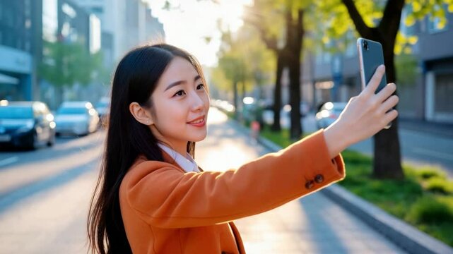 Young Asian woman with long black hair taking a selfie on a city street. Bright sunlight filters through trees, creating a warm atmosphere.