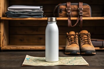 Fototapeta premium blank Reusable water bottle mockup A stylish water bottle stands on a map, surrounded by hiking boots and neatly stacked clothes, perfect for outdoor adventures.