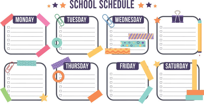 School schedule planner weekly student timetable organizer template for kids and teachers design vector
